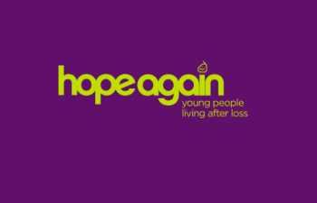 Hope Again Young People Living Life After Loss Logo in green writing on a purple background