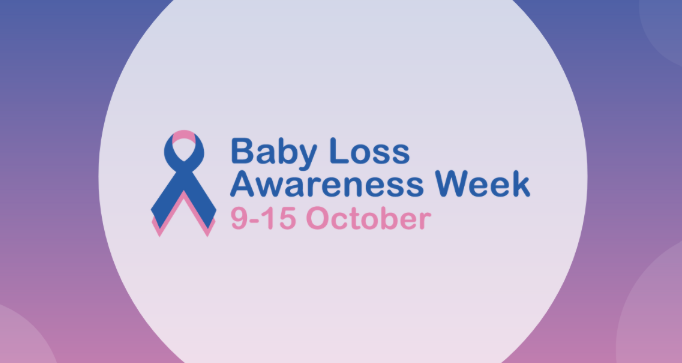 Baby Loss Awareness Logo with a blue ribbon on top of a pink ribbon and the text Baby Loss Awareness Week 9 - 15 October